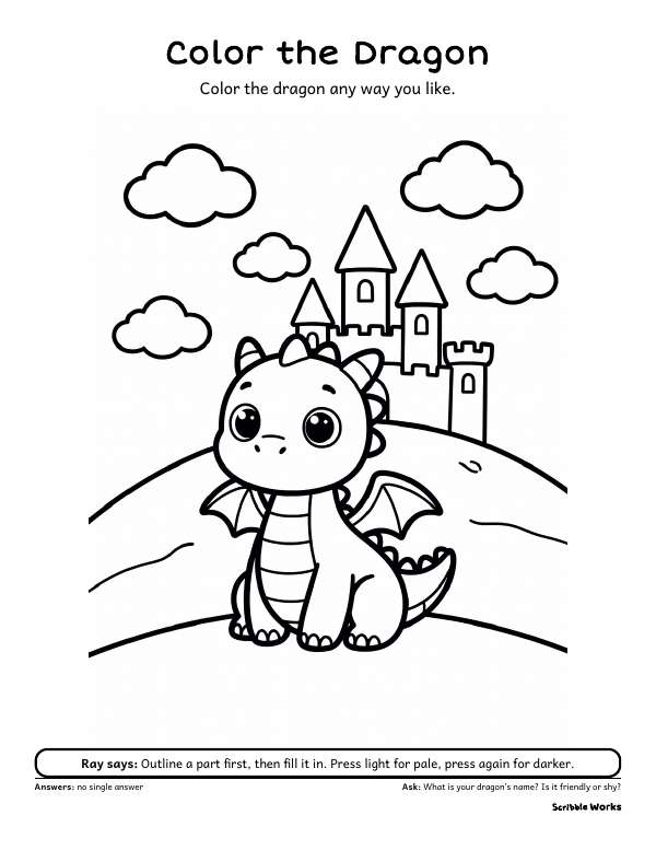 The printed page of Color the Dragon