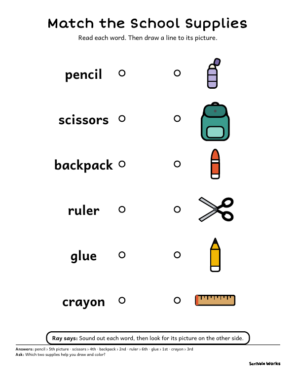 The printed page of Match the School Supplies